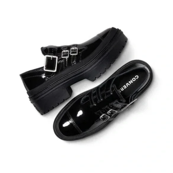 Converse Black Patent Triple-Buckle Platform Loafers - Picture 3 of 11